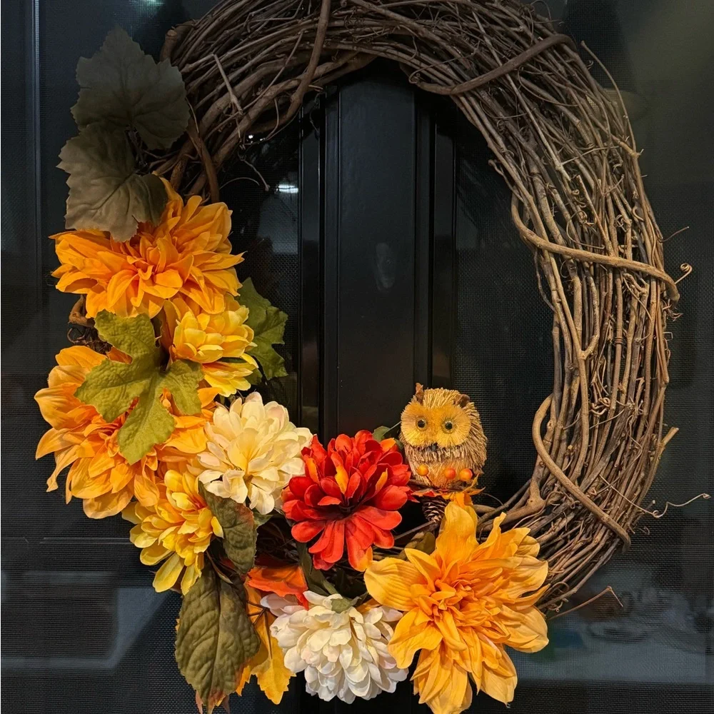 Autumn Floral Wreath with Owl Accent